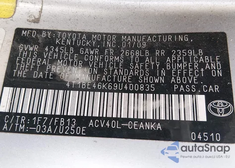 2009 Toyota Camry z USA, uszkodzony, nr VIN 4T1BE46K69U400835